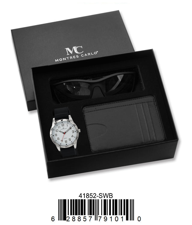 41852-Silver/White/Black Silicone Band Watch, Card Clip, Polarized Sunglass in G-2028 Gift Box