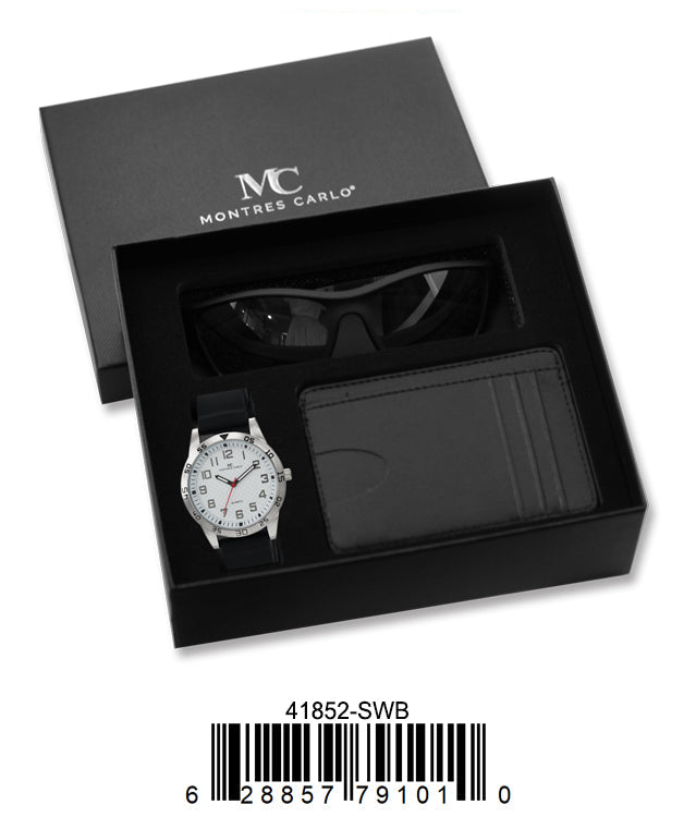 41852-Silver/White/Black Silicon Band Watch, Card Clip, Polarized Sunglass in G-2028 Gift Box