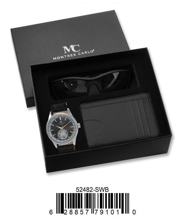 52482- Silver/Black Vegan Leather Band Watch, Card Clip, Polarized Sunglass in G-2028 Gift Box