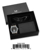 52482- Silver/Black Vegan Leather Band Watch, Card Clip, Polarized Sunglass in G-2028 Gift Box