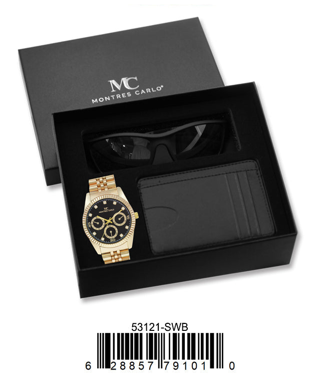 53121-Gold/Black Metal Band Watch, Card Clip, Polarized Sunglass in G-2028 Gift Box