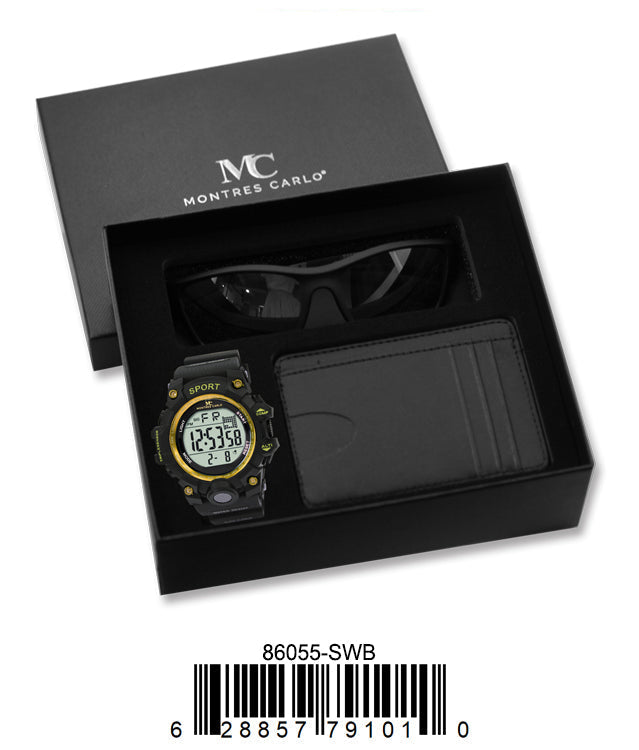 86055-Black/Gold Digital Watch, Card Clip, Polarized Sunglass in G-2028 Gift Box
