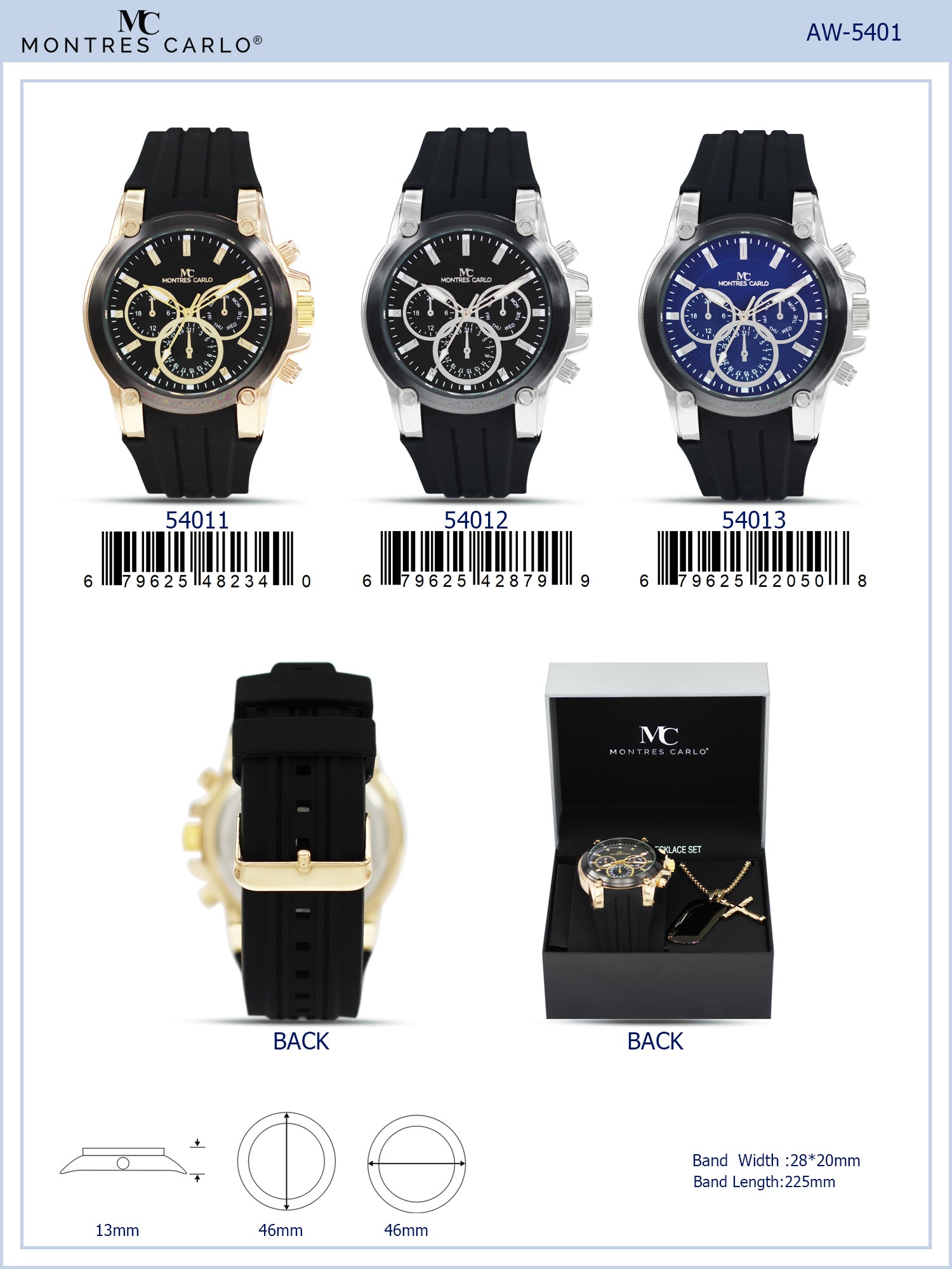 5401-Boxed Montres Carlo Silicone Band Watch With Dog Tag And Necklace